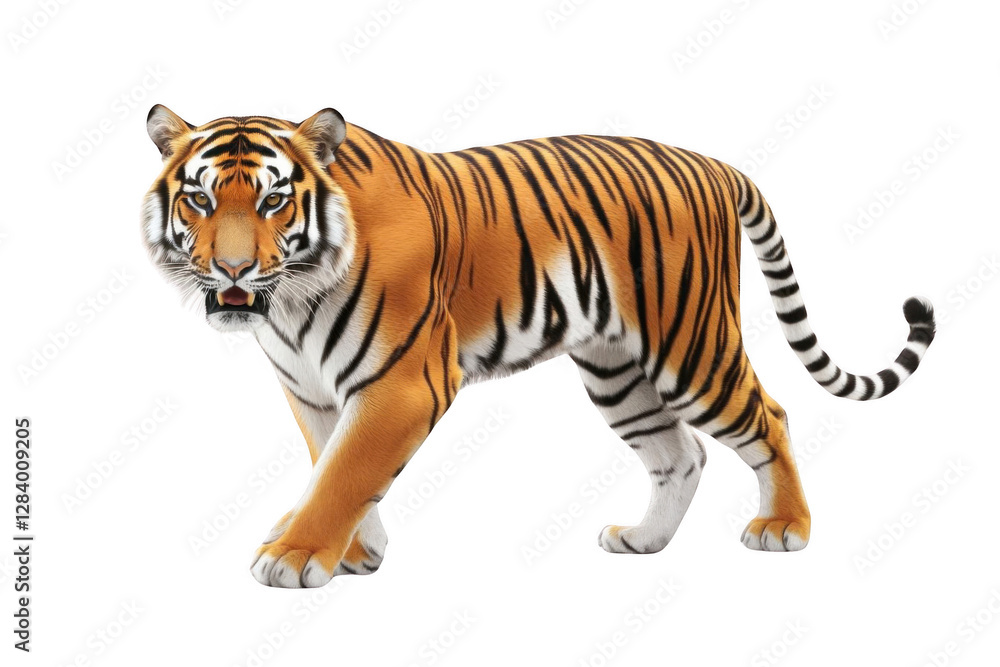 Naklejka premium Tiger Walks Majestically with Striped Fur, Wildlife Predator Prowls Stealthily with Intense Gaze, Wild Animals
