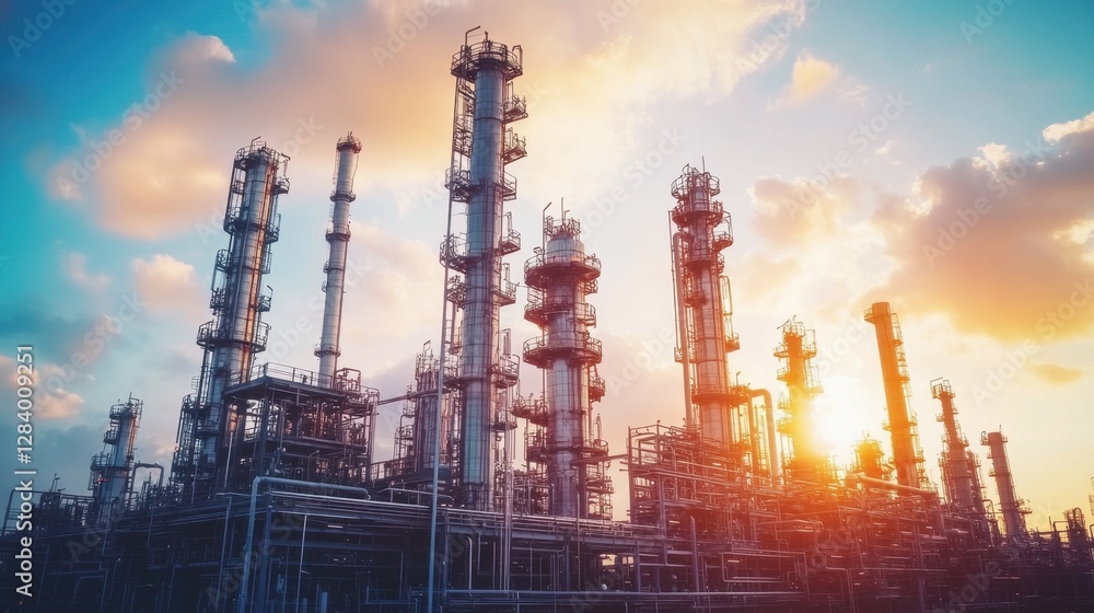 Petrochemical plant with towering distillation columns and metal structures Petrochemical plant with towering distillation columns and metal structures