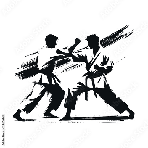 Dynamic karate fight, hand-drawn minimalistic black and white illustration