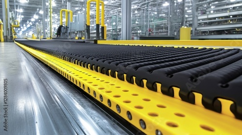 Reflective safety tape marking hazardous edges and low-clearance areas in an industrial setting