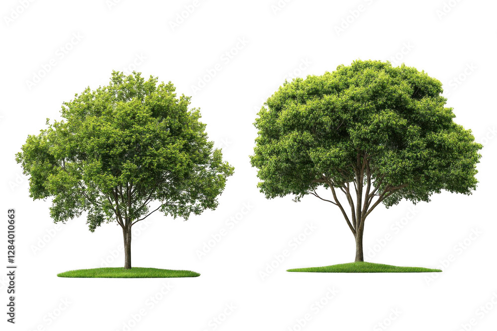Two Trees Stand on Patches of Grass with Lush Green Foliage, Isolated on Black Background, Symbolize Growth and Nature's Beauty. Two Trees Stand on Patches of Grass with Lush Green Foliage, Isolated on Black Background, Symbolize Growth and Nature's Beauty.