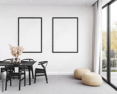 Bright airy dining room features a black dining set with two framed posters on a white wall. Woven stools sit on a textured rug near a large window
