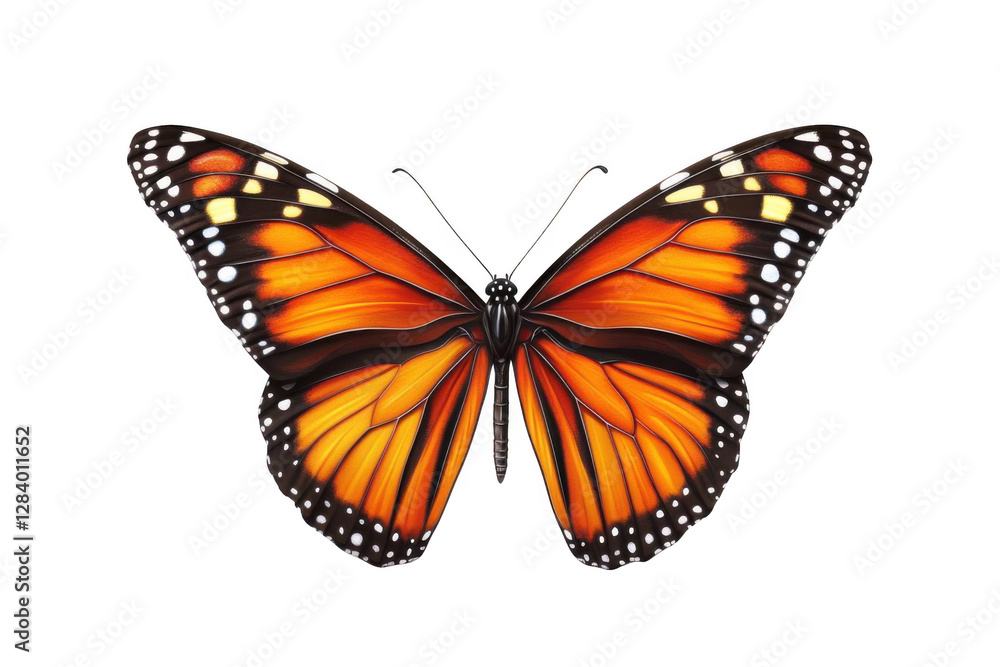 Butterfly Shows Its Orange Wings with Delicate Black Veins and White Spots on Black Background, Wildlife Beauty. Butterfly Shows Its Orange Wings with Delicate Black Veins and White Spots on Black Background, Wildlife Beauty.