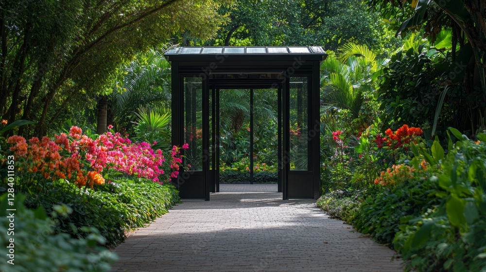 Toll booth near the entrance to a serene botanical garden with vibrant flowers. Featuring nature and tranquility Toll booth near the entrance to a serene botanical garden with vibrant flowers. Featuring nature and tranquility