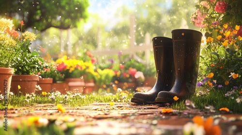 Gardening scene with flowers, pots, and black rain boots on the ground in a sunny garden