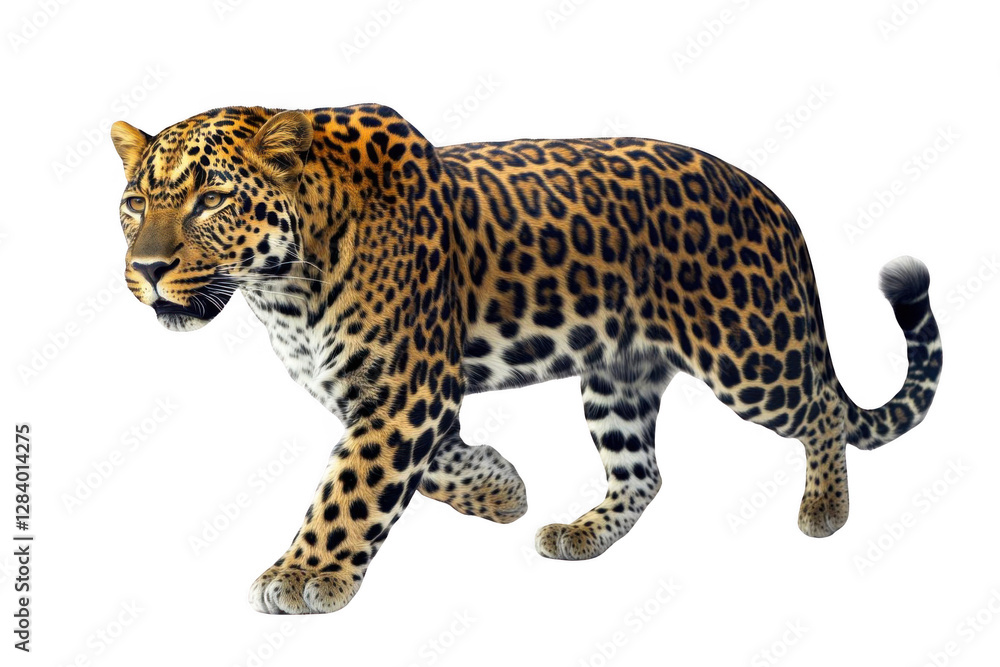 Naklejka premium Leopard Walks Gracefully on Black Background, Showing Wildlife Prowess.