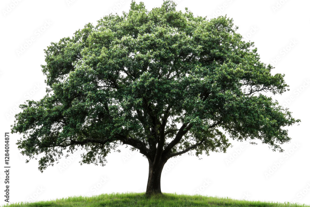 Fototapeta premium Majestic Oak Tree Stands Tall on Green Hill with Lush Foliage, Tranquil Nature Scene.