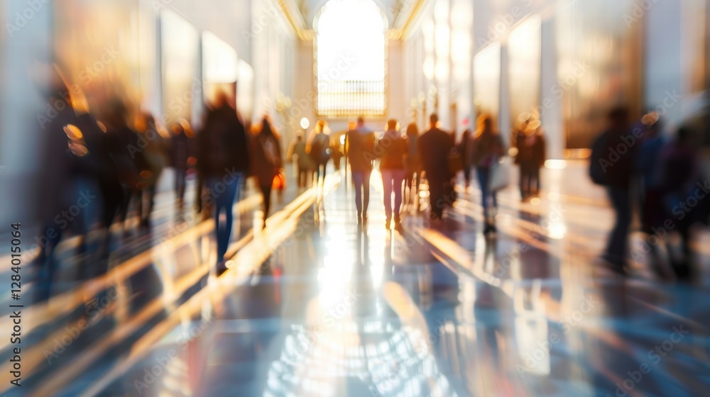 Fototapeta premium Blurred abstract perspective of a museum hall with soft ambient light.
