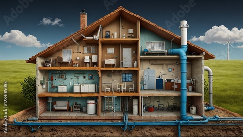 A cross-section of a house, illustrating underground plumbing pipes alongside other utilities like gas and electricity