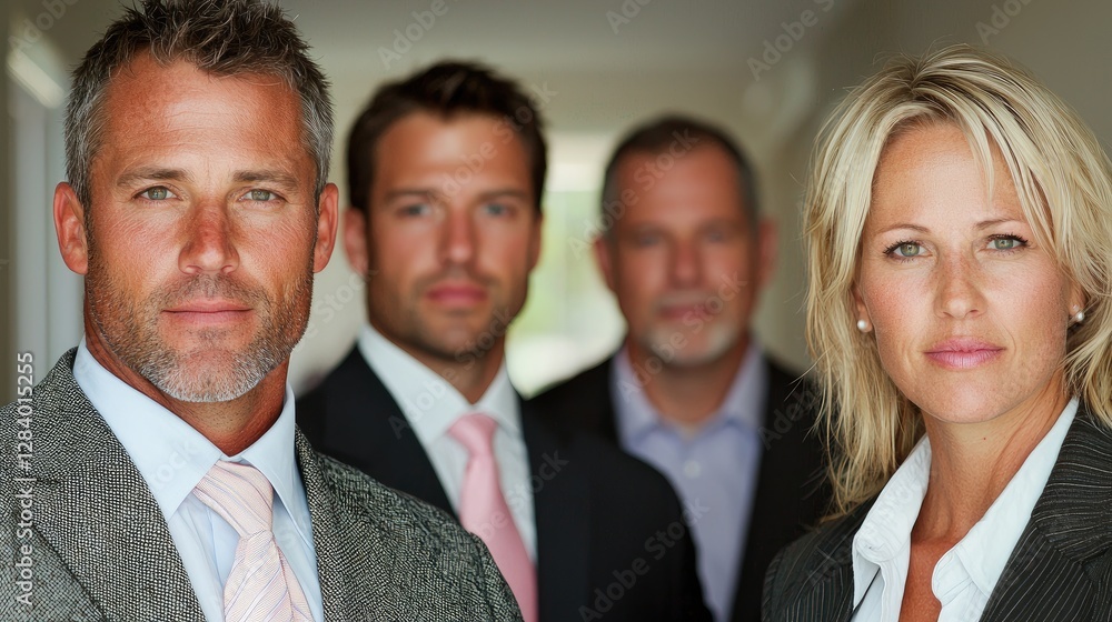 Business professionals in hallway; serious discussion; office setting; potential use for corporate image