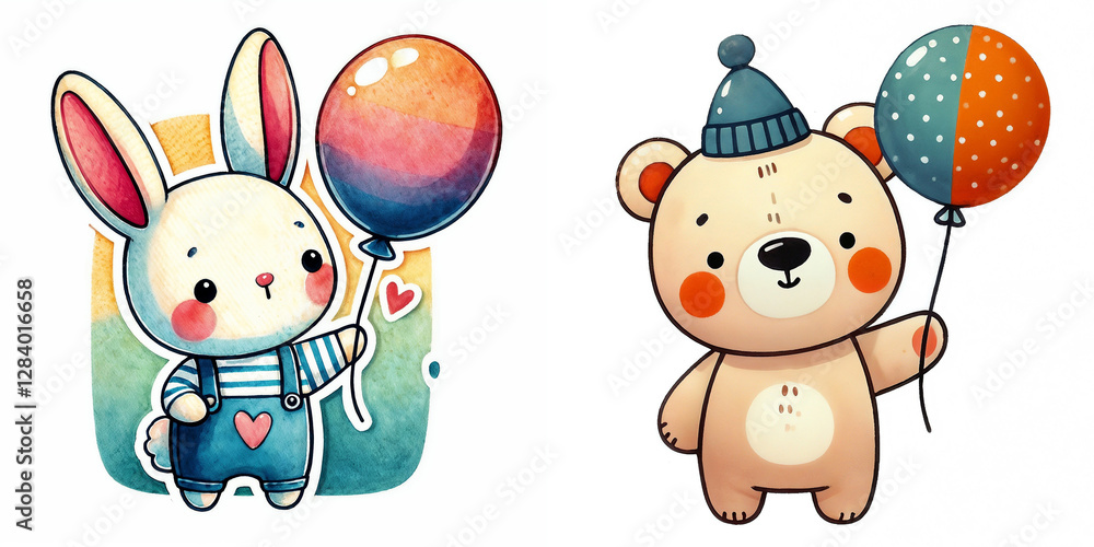 Brightly colored rabbit and fox characters celebrating with balloons at a cheerful gathering