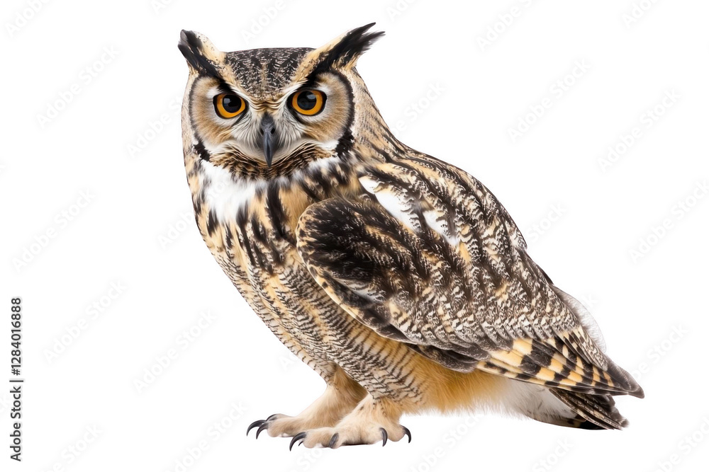 Obraz premium Majestic Owl Perches Gracefully on Branch, Showcasing Intricate Feather Patterns and Intense Gaze. Bird of Prey.