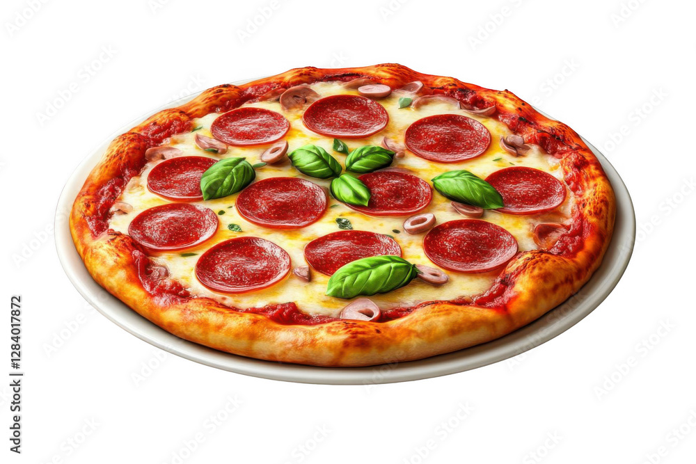Pepperoni Pizza with Basil and Olives on Plate, Delicious Fast Food Cuisine. Pepperoni Pizza with Basil and Olives on Plate, Delicious Fast Food Cuisine.