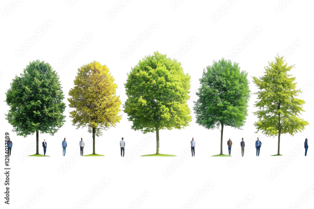 Obraz premium Trees Stand Tall with People Below, Celebrating Nature's Majesty and Human Connection with Green Space Harmony.