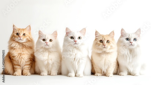 Five Adorable Cats Sitting in a Row Against a White Background