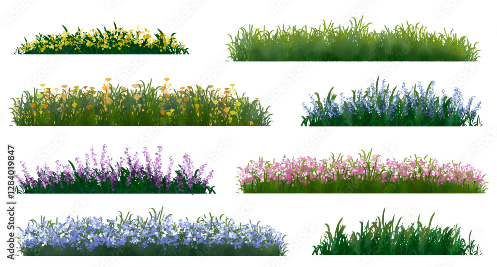 Obraz premium set of grass, Vertor set of spring blossom tree,blooming plants side view for landscape elevation and section,eco environment concept design,watercolor shrub illustration,colorful season,meadow