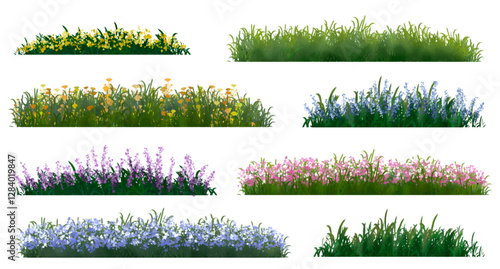 set of grass, Vertor set of spring blossom tree,blooming plants side view  for landscape elevation and section,eco environment concept design,watercolor shrub illustration,colorful season,meadow