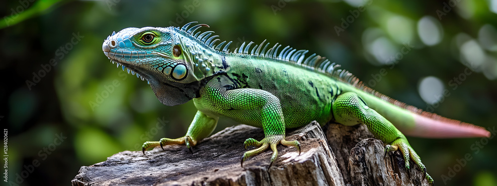 Green iguana perched on a tree stump, with a vibrant green and blue coloration
Green iguana perched on a tree stump, with a vibrant green and blue coloration