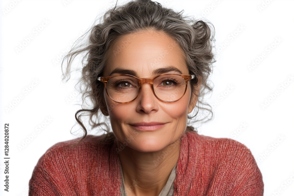 Librarian displaying warmth and wisdom with glasses and a cardigan surrounded by a bright white background Librarian displaying warmth and wisdom with glasses and a cardigan surrounded by a bright white background