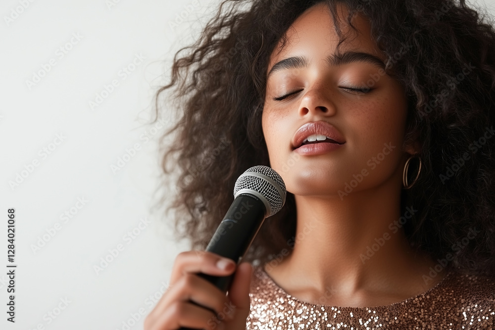 Singer in a sequined top performs passionately with a microphone against a white background Singer in a sequined top performs passionately with a microphone against a white background