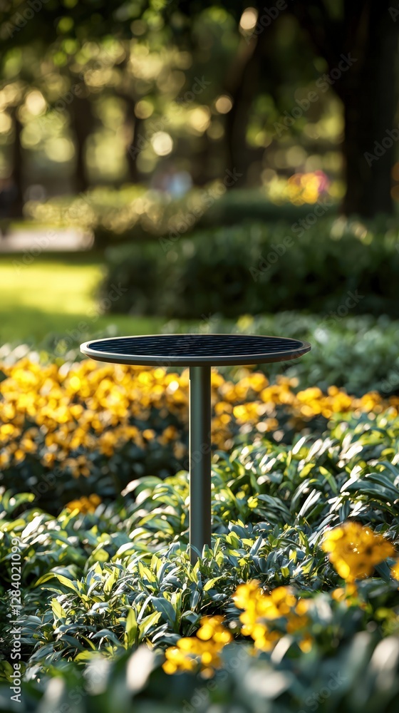 Naklejka premium Circular Garden Table Surrounded By Vibrant Yellow Flowers In A Sunlit Park