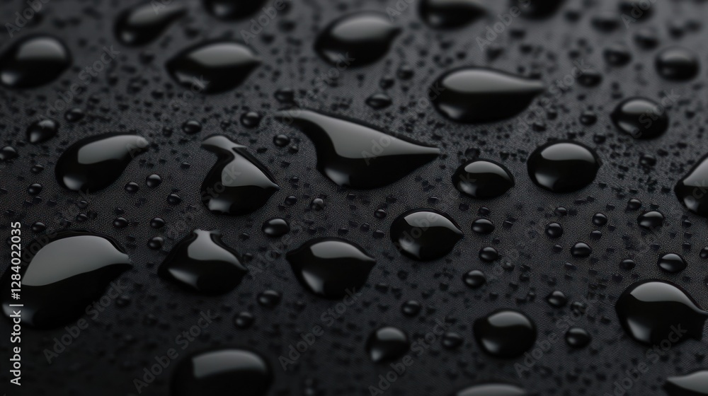 Delicate water droplets rest on a dark surface forming an intriguing texture background. The arrangement of droplets offers ample copy space for graphic design marketing or creative projects Delicate water droplets rest on a dark surface forming an intriguing texture background. The arrangement of droplets offers ample copy space for graphic design marketing or creative projects