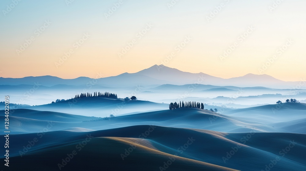 Misty sunrise over mountains peaceful landscape serene view Misty sunrise over mountains peaceful landscape serene view