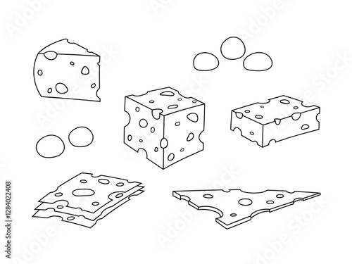 A set of different pieces of sliced cheese in a hole, black and white graphic illustration drawn by a line manually, vector. Cheese sketch, simple element, icon for decoration, design, menu, cover