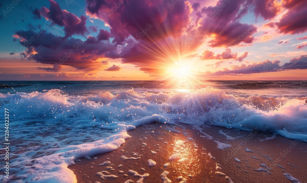 Fototapeta premium Natural sea evening landscape with pink sunset sky on beach tropics Big sea waves with white foam.