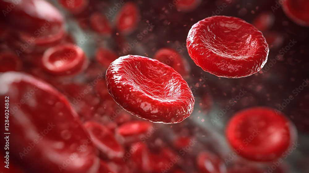 Close up of red blood cells traveling through narrow vessel, showcasing their smooth, disc like shape and vibrant red color. image highlights essential role of these cells in oxygen transport Close up of red blood cells traveling through narrow vessel, showcasing their smooth, disc like shape and vibrant red color. image highlights essential role of these cells in oxygen transport