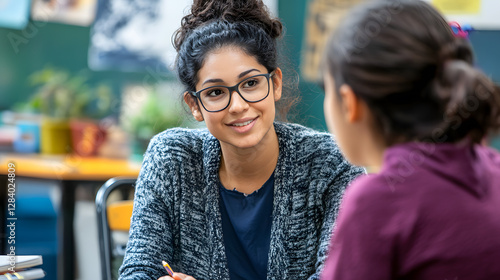 teacher with glasses engages in one on one session with student in classroom setting, fostering supportive learning environment