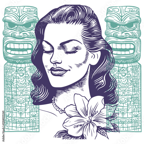 Vector illustration of a woman with hibiscus and tiki statues. Vintage style drawing. Good for travel, vacation, or Hawaiian themes.