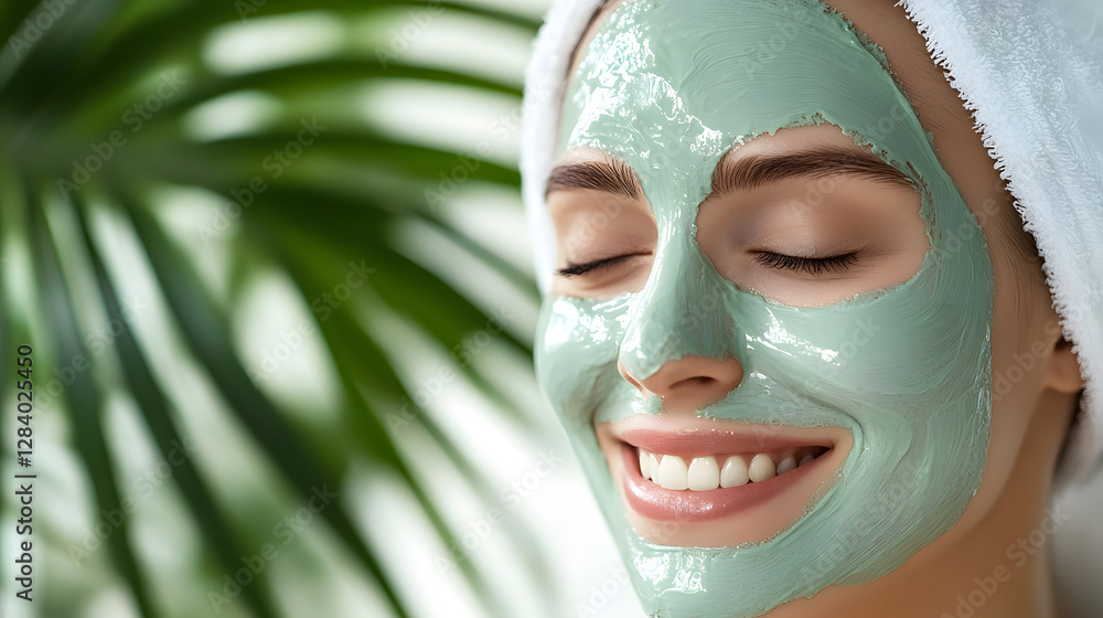 woman with towel on her head smiles while applying green facial mask, enjoying relaxing skincare routine woman with towel on her head smiles while applying green facial mask, enjoying relaxing skincare routine