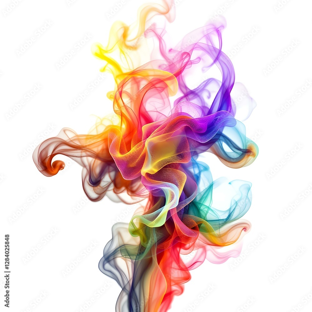 A vibrant and colorful rainbow of smoke or steam against a stark white