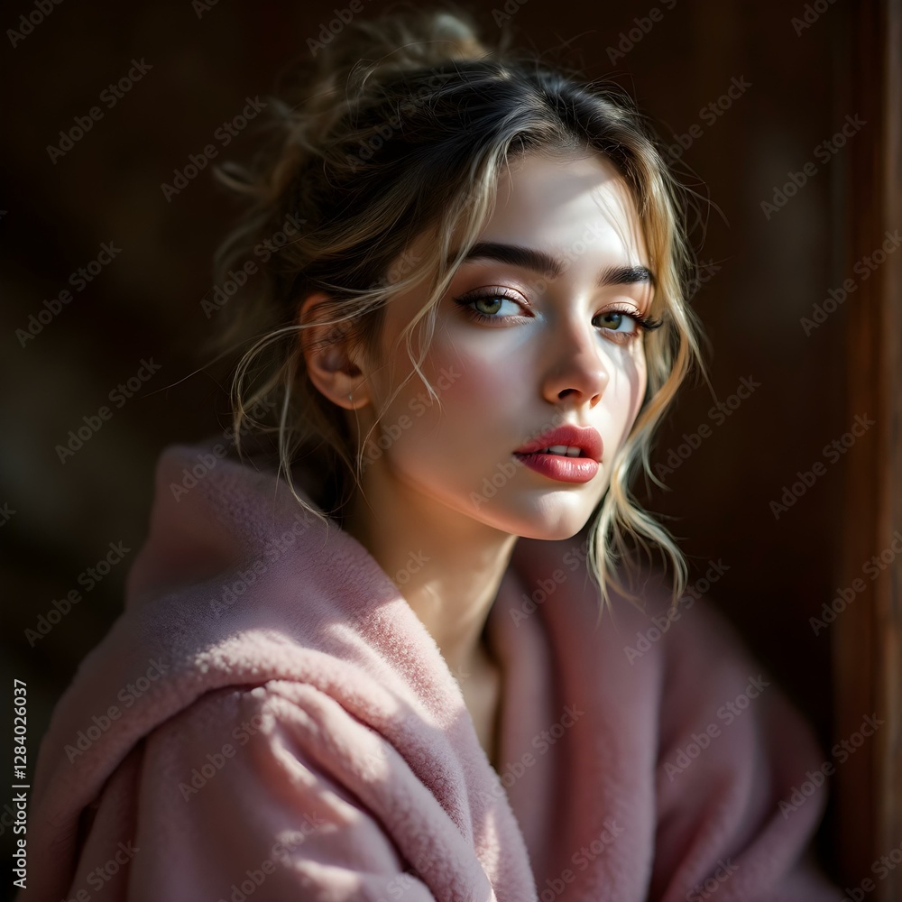 Soft Light and Cozy Pink Coat: A Serene Portrait