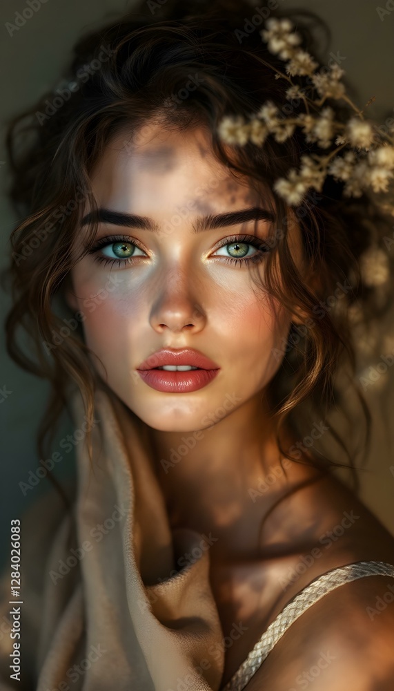 Glowing Beauty: A Portrait of a Woman with Green Eyes and Curly Hair