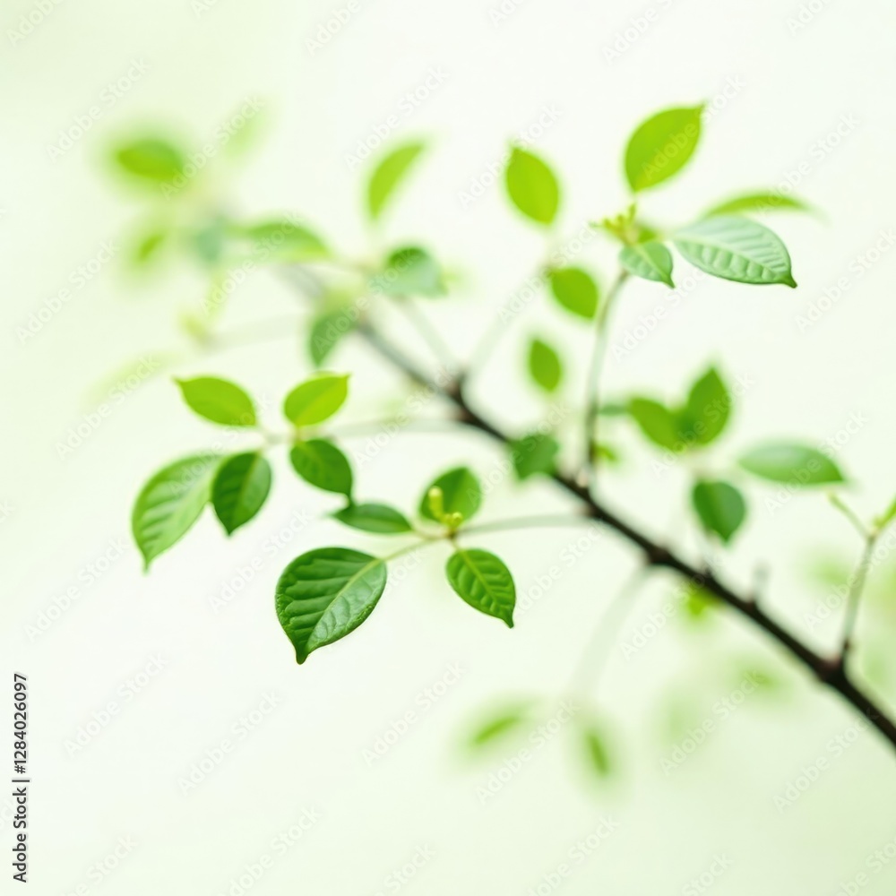 Minimalist branch with green leaves against white background, tree branch, simple Minimalist branch with green leaves against white background, tree branch, simple