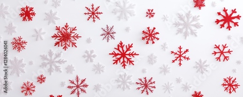 This decorative background features an array of intricately designed snowflakes in red and white tones against a clean backdrop. Ideal for holiday invitations greeting cards and winter crafts