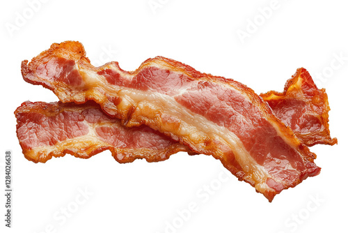 Crispy delicious pork bacon slices close up isolated on transparent PNG background.