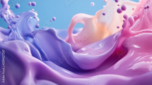 Colorful splashes of purple and pink liquid intertwine forming an artistic texture against a soft blue background. This dynamic composition offers ample copy space for overlaying text or design