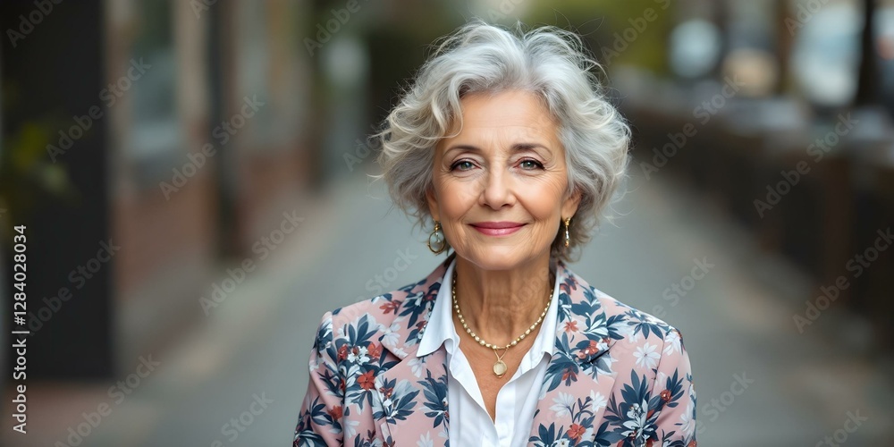 Elegant Elderly Woman in Floral Blazer