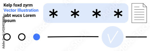 Password entry field obscured with asterisks, round bullet points with one selected, progress bar with checkmark. Ideal for UI design, authentication, web forms, security, progress tracking