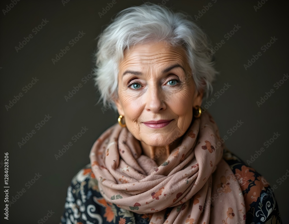 Elegant Senior Woman in Floral Scarf and Black and White Blouse