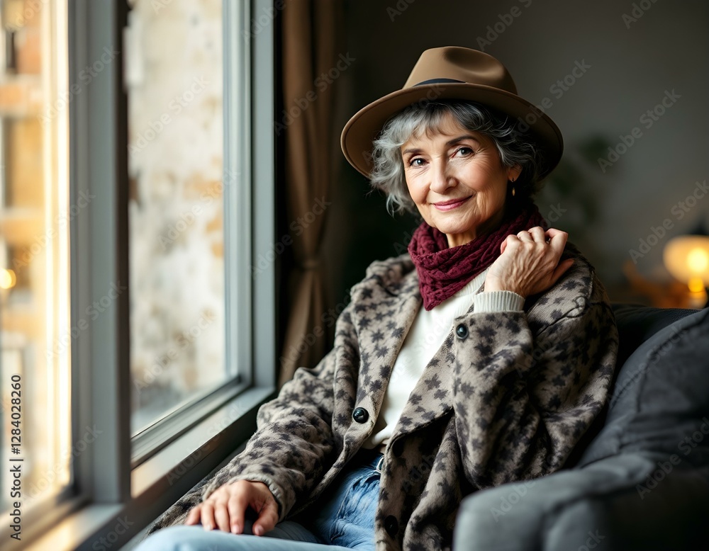 Aged Charm: A Peaceful Senior Woman by the Window