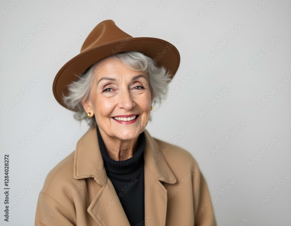Aged Charm: A Smiling Elderly Woman in a Brown Hat and Beige Coat