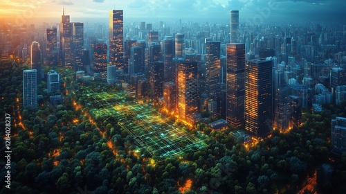 Futuristic Cityscape with Illuminated Skyscrapers Overlooking a Digital Grid Park
