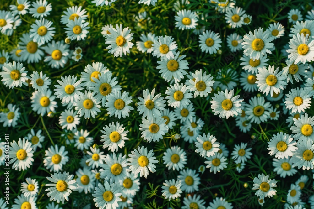 Small lot of daisies flowers blooming in summer time top view gardening meadow. Small lot of daisies flowers blooming in summer time top view gardening meadow.