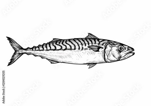 Detailed Black and White Mackerel Fish Illustration: Intricate Line Work, Realistic Texture, Scratch Board Style, Isolated on White