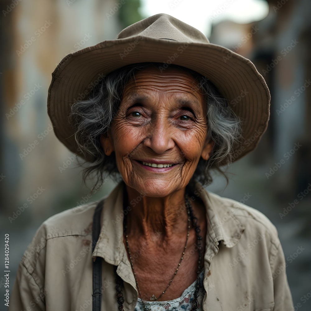 Aged Woman in a Hat and Beige Jacket