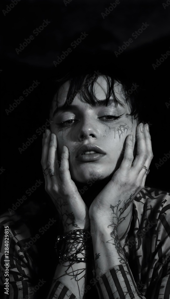Dark and Dramatic Portrait of a Tattooed Person with Closed Eyes